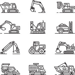 Excavator black Line Editable Icons set