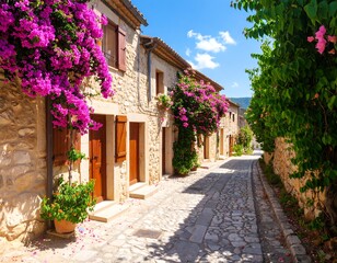 Sunny Stone Street with Pink Flowers.