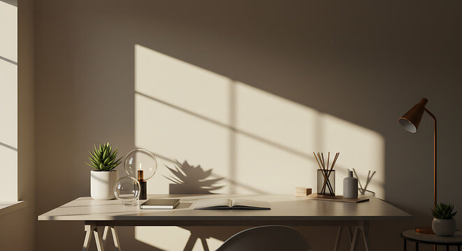 Minimalist home workspace with sunlight and plants.