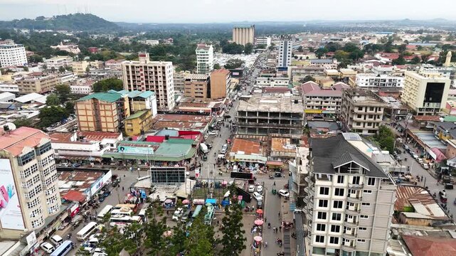 Drone footage of Arusha cityscape in Tanzania