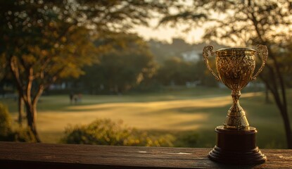 A golden, ornate trophy sits prominently on a weathered wooden surface, with a blurred park scene in the background at sunset