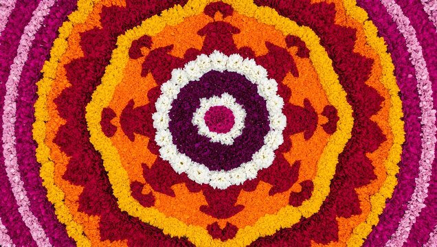 Top-down view of a vibrant Attapookalam (floral carpet) design, made with layers of colorful petals in intricate circular patterns. Bright marigold yellow, deep red rose, white thumba, and purple