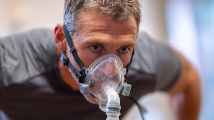 Focused participant exhaling through a respiratory mask in midrun body semiblurred except for the mask highlighting VO2max measurement for aging study.