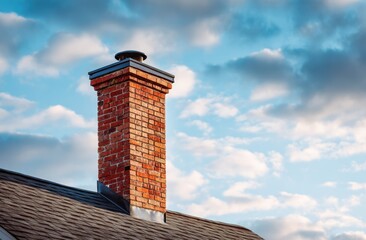 A red brick chimney extends upwards against a cloudy blue sky, atop a shingled roof. The chimney's cap is visible