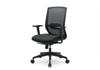 A modern office chair featuring a black mesh back and seat, armrests, and a wheeled base, set against a white background