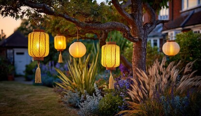 Garden lanterns illuminated at dusk