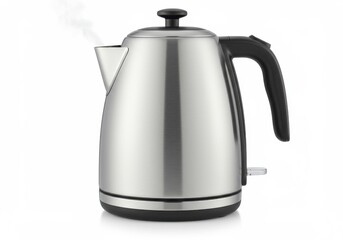 A modern stainless steel electric kettle with steam rising from the spout, set against a clean white background. The handle is black