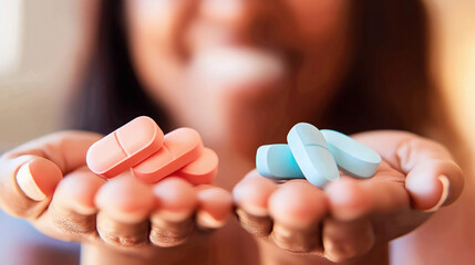 Photorealistic close-up of hands holding pills with woman smiling softly, clean minimal background, wellness, health, and lifestyle stock photography ideal for personal care topics