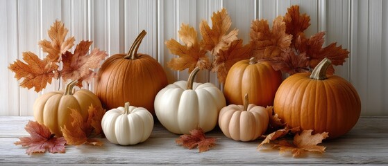A cozy autumn display showcases white pumpkins, pinecones, and colorful leaves arranged on a rustic wooden surface