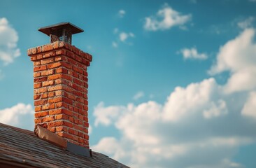 A brick chimney with a dark cap stands tall against a bright blue sky dotted with fluffy white clouds. The roof below is visible