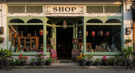 A classic, rustic shop with a variety of goods and flowers outside.