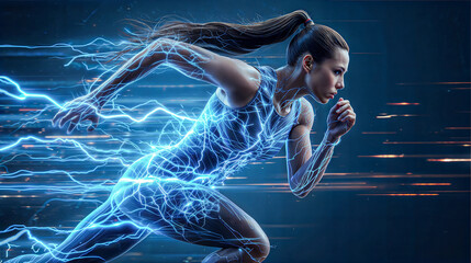 Female athlete runs with an electric energy effect, showcasing speed and power.