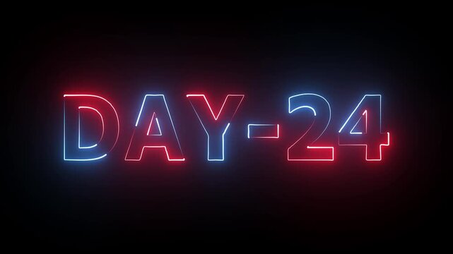 Day 24 text animation glowing neon on black background. neon day 24.