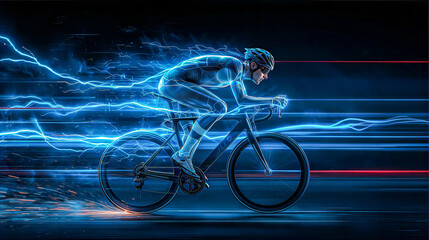 Fototapeta premium A cyclist is racing with energy streams in a dynamic, futuristic digital art style.