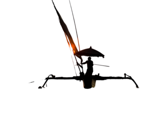 Silhouette boat with umbrella and domes on waves