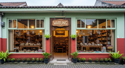 A classic shop called "Warung" with a welcoming, traditional feel and warm lighting.
