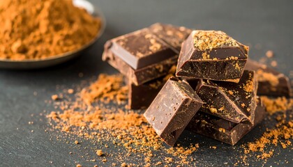 Dark chocolate pieces stacked high, sprinkled with cocoa powder, on a dark stone surface.
