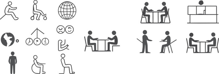 Set of black and white simple human icons showing sitting, meeting, working, communication, office, 