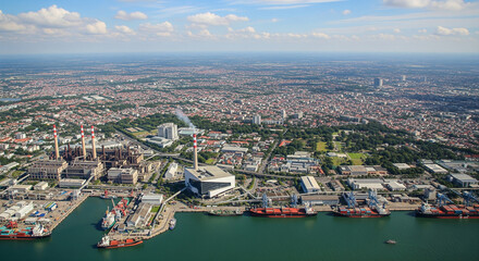 Fototapeta premium An aerial view of an industrial port with a city skyline in the background.