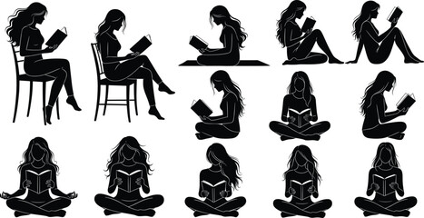 Silhouette Vector of Women Reading Books in Various Poses, Perfect for Education, Relaxation, Meditation, and Lifestyle Design Projects