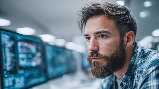 Stylish remote worker focused at modern desk with multiple screens in a contemporary workspace setting