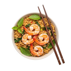 Bowl of Shrimp Fried Rice with Basil and Chopsticks on Background image