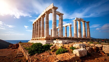 A majestic ancient temple, bathed in sunlight, stands atop a hill overlooking the sea.