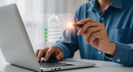 Real estate investor approves home loan application on laptop screen