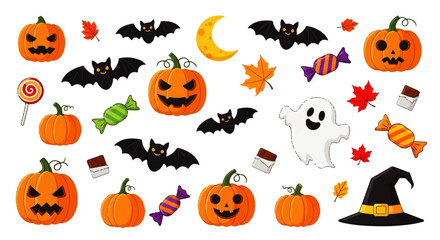 Fototapeta premium Happy Halloween Collection Spooky Pumpkins, Bats, Ghosts, Candy, and Witch Hat Designs