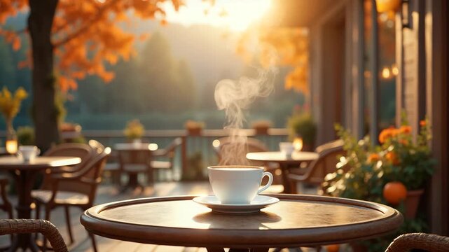Steaming coffee cup creating a cozy mood on a cafe table against a blurred autumn city street background