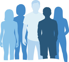 Silhouette group of diverse people, blue tone illustration, teamwork concept, community unity, modern flat design, social connection, inclusive society