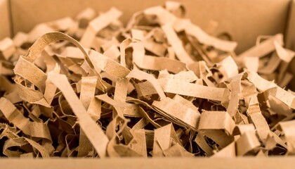 Close-up view of shredded kraft paper filling a cardboard box.