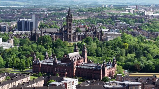 Drone view of Kelvingrove Art Gallery and Museum in Glasgow, Scotland, UK