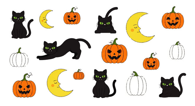 Charming Halloween Elements Collection Featuring Playful Black Cats, Expressive Jack-o'-Lanterns, and Smiling Crescent Moons for Festive Autumn Designs.