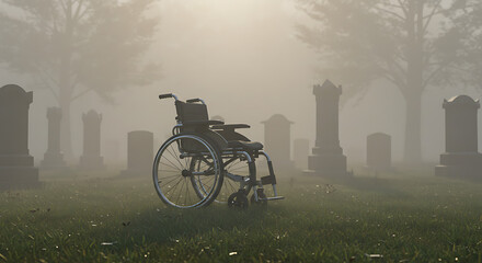 Obraz premium Empty wheelchair in a foggy graveyard.