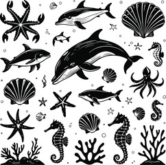 sea life and marine icon set, minimal doodle style, bold smooth ink line art, professional high-quality vector illustration. Includes fish, starfish, seashell, crab, dolphin, whale, jellyfish, sea tur