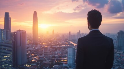 Confident businessman using digital tablet with double exposure of cityscape and digital code.