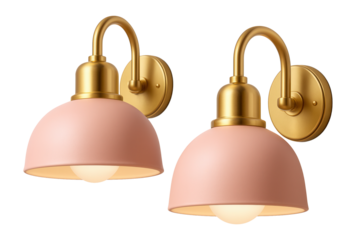 Pink outdoor wall lamps with gold accents against.