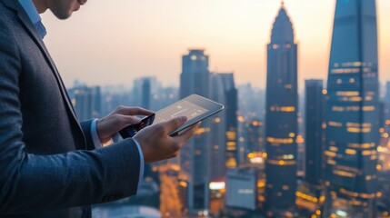 Close-up of businessman using tablet and smartphone while standing on city balcony at sunset.