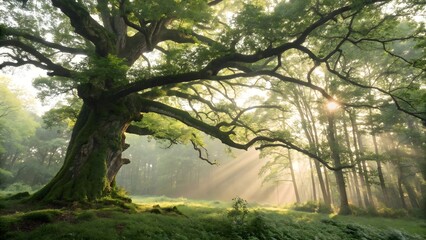 Fototapeta premium Majestic ancient oak tree bathed in soft sunbeams illuminating forest floor