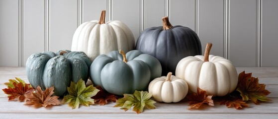 A collection of pumpkins in various shades, placed with colorful autumn leaves, highlighting seasonal decor for festive occasions