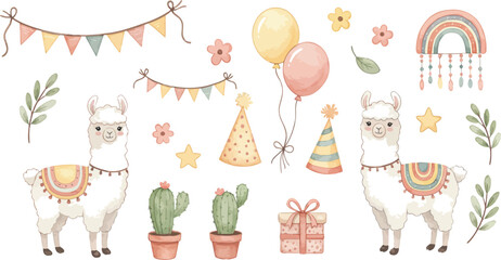 Cute llama birthday party watercolor elements