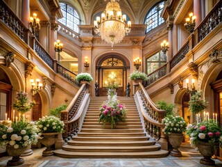 Obraz premium Grand staircase with chandelier and flower decorations in an elegant building