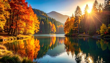 Autumn sunrise lake reflection.