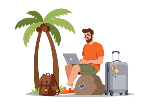 Man with suitcase on tropical beach vacation