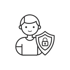 A man is standing behind a shield with a padlock, symbolizing cybersecurity and data protection