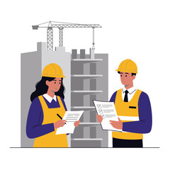 Two construction engineers in hard hats reviewing building plans on a job site with cranes, symbolizing teamwork and project management.