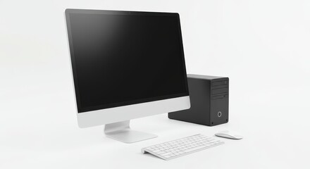 Modern desktop computer setup with a large screen, keyboard, mouse, and a black tower on a white surface