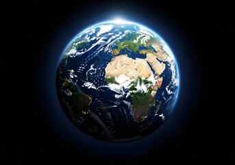 Fototapeta premium A stunning view of Earth from space, showcasing continents, oceans, and clouds with a bright sun illuminating the planet.