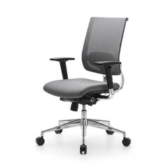 Modern office chair with mesh back, padded seat, adjustable armrests, and a chrome base, isolated on white